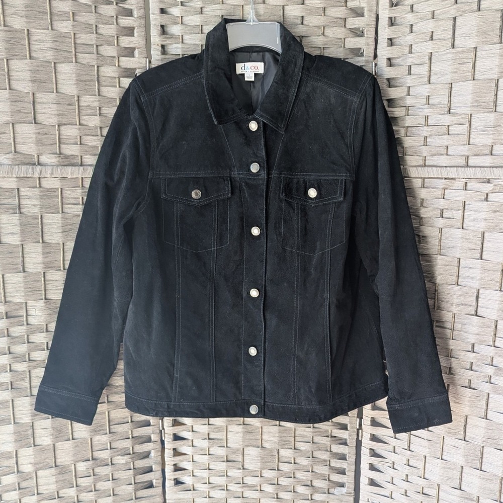 Denim & Co. Suede Trucker Jacket Black Leather Button Front Womens L Classic‎